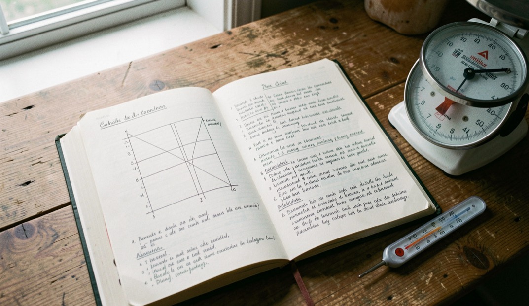 Un cahier de cuisine ouvert sur une table en bois, pages couvertes de notes manuscrites et d’un tableau tracé à la règle, une balance de cuisine et un thermomètre posés à côté, lumière de fenêtre
