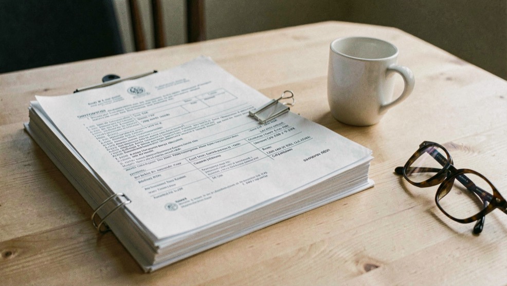 Une pile de documents officiels imprimés et reliés par un trombone, posée sur une table en bois clair à côté d’une tasse vide et d’une paire de lunettes, lumière de fin de journée