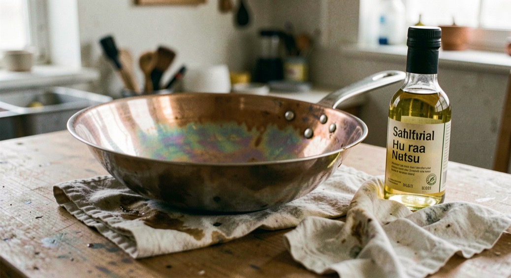 Un wok en acier au fond bronzé et irisé posé sur un torchon, un chiffon huileux et une bouteille d’huile neutre à côté, lumière d’atelier