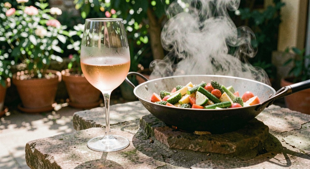 Deux planches à découper côte à côte sur un plan de travail, légumes taillés en petits tas séparés, deux couteaux et un wok en attente, lumière de fin d’après-midi