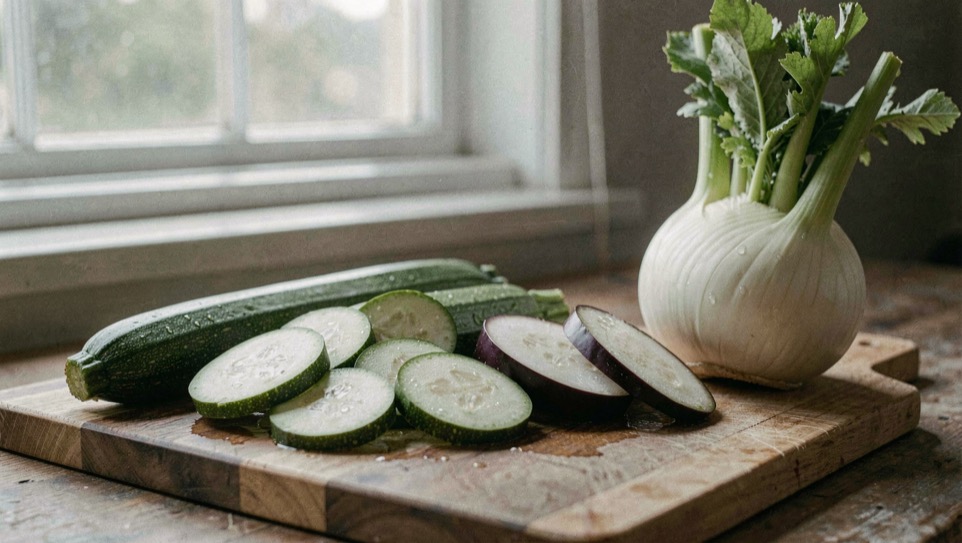 Une assiette d’enfant avec des bâtonnets de légumes colorés sautés, posée sur une table de cuisine en bois clair, une petite fourchette à côté, lumière du jour