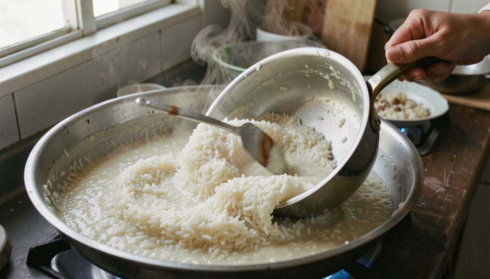 Une main tenant une casserole inclinée pendant qu’une spatule remue vigoureusement un riz crémeux qui forme une vague le long de la paroi, vapeur légère