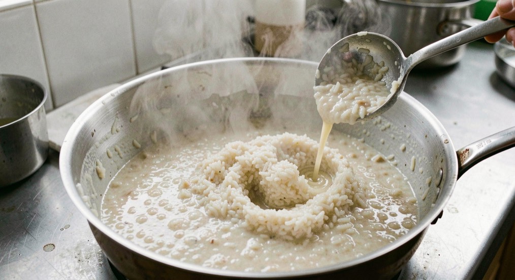 Une casserole large de riz crémeux en cours de remuage, une louche de bouillon versée sur le bord, vapeur épaisse et plan de travail en zinc