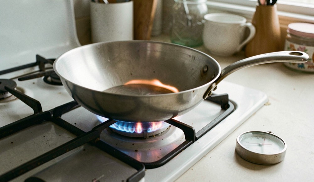 Un wok en acier posé sur un brûleur de cuisinière domestique, la flamme lèche à peine le fond arrondi, un thermomètre de cuisson posé à côté sur le plan de travail
